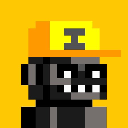 A pixel art character with a black and grey body, large white square eyes, and a wide toothy grin wears a yellow and orange cap against a bright yellow background.