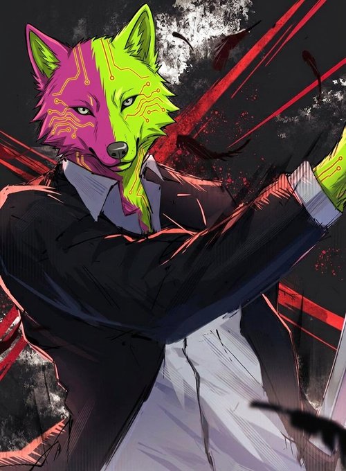Stylized digital artwork of an anthropomorphic fox character with a green and pink cybernetic face, wearing a suit and holding what appears to be a weapon.