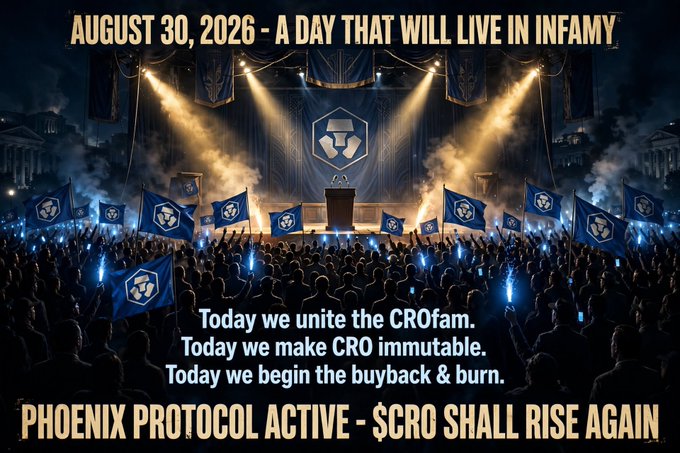 A promotional graphic dated 'AUGUST 30, 2026' declaring 'A DAY THAT WILL LIVE IN INFAMY' and announcing 'PHOENIX PROTOCOL ACTIVE - $CRO SHALL RISE AGAIN' with text about uniting the CROfam and beginning a buyback & burn.