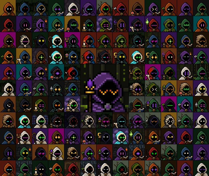 A pixel art collage displaying many small hooded characters in various colors and designs, with a larger purple-hooded figure featuring glowing orange eyes centered in the middle.