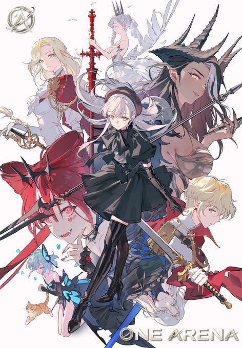 The image features a poster for an anime called "One Arena". It showcases a group of characters from various anime series, including a girl with blonde hair wearing a black dress holding a sword and shield, another girl with long hair also holding a sword and shield, and other characters in different outfits as well. The poster is predominantly white, but there are some red accents that make the characters stand out. The text on the poster reads "Only possible on @solana The Arena Awaits." This suggests that the anime is exclusive to the One Arena streaming platform and can only be accessed by those who have signed up for it or purchased a ticket.