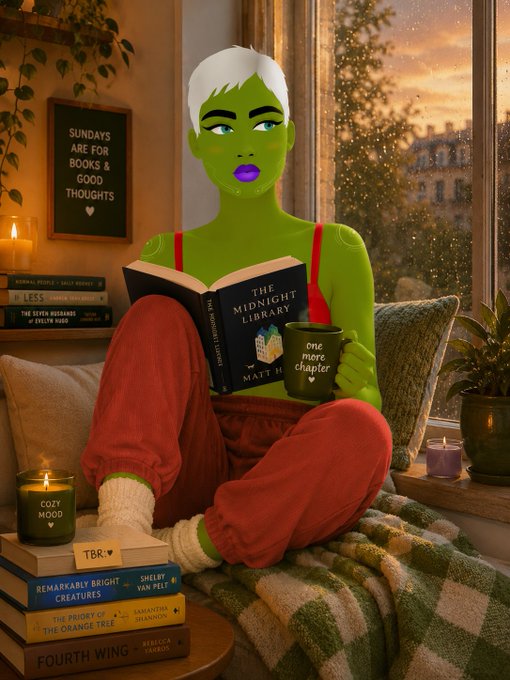 A 3D-rendered illustration depicts a green-skinned, white-haired character relaxing by a window with a sunset view, reading "The Midnight Library" by Matt Haig while holding a mug that says "one more chapter," surrounded by stacks of books and candles.