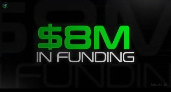 A promotional graphic with green text reading '$8M IN FUNDING' on a dark background with faint watermark text.