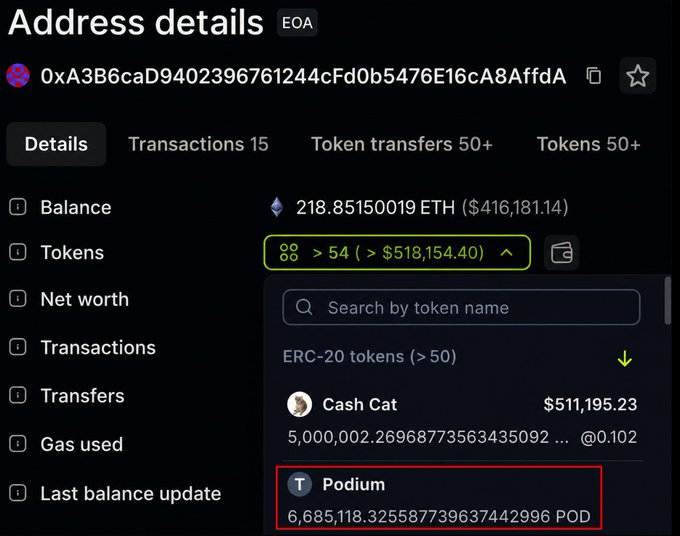 An address details screen on EOA displays an Ethereum wallet holding 218.85 ETH valued at $416,181.14, including tokens like Cash Cat and Podium highlighted in red.