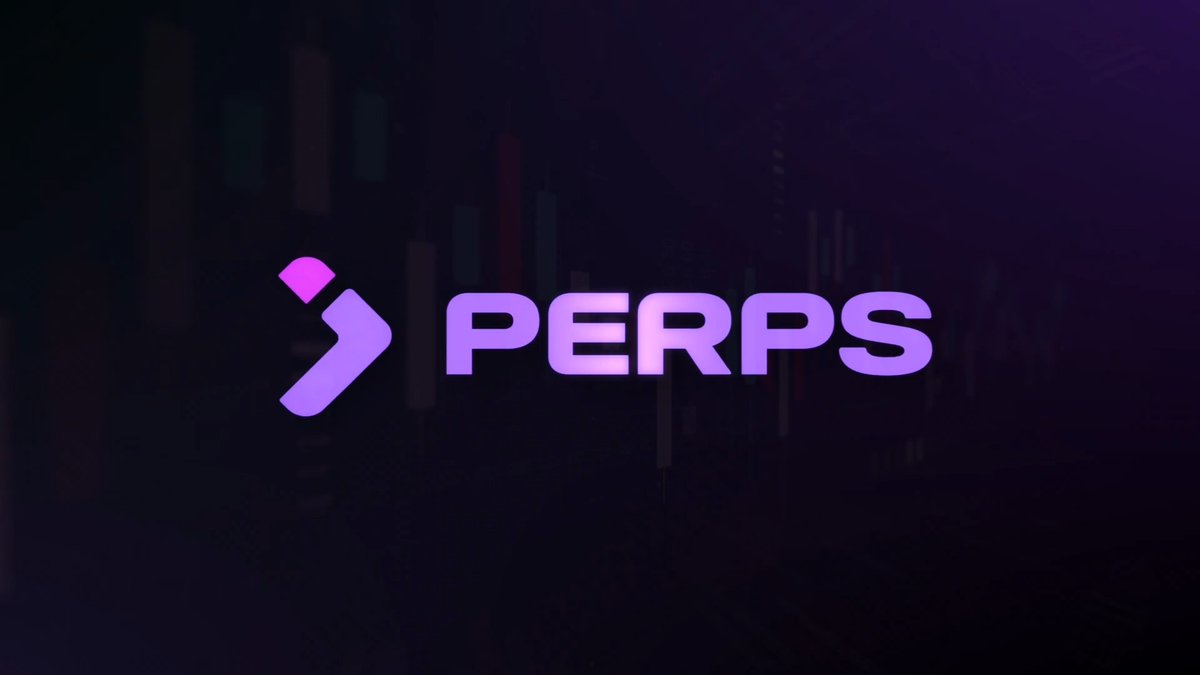A purple logo with the text 'PERPS' and an arrow symbol, set against a dark background with faint trading charts.