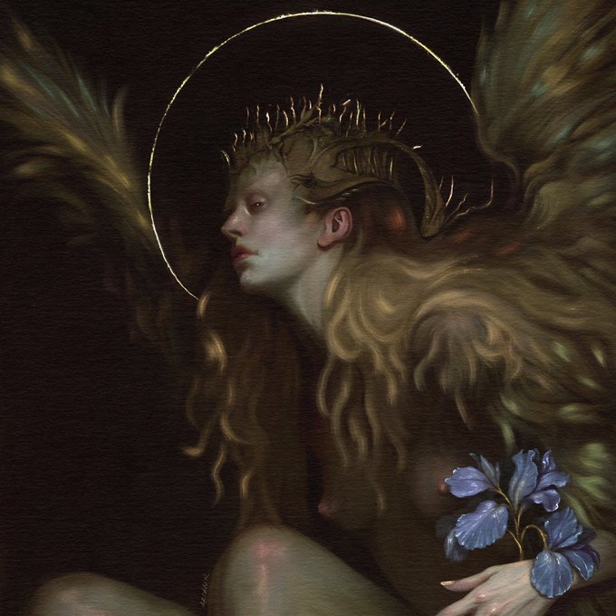 A detailed digital painting of an ethereal angel figure with long flowing hair, a golden halo, and wings, holding blue flowers against a dark background.