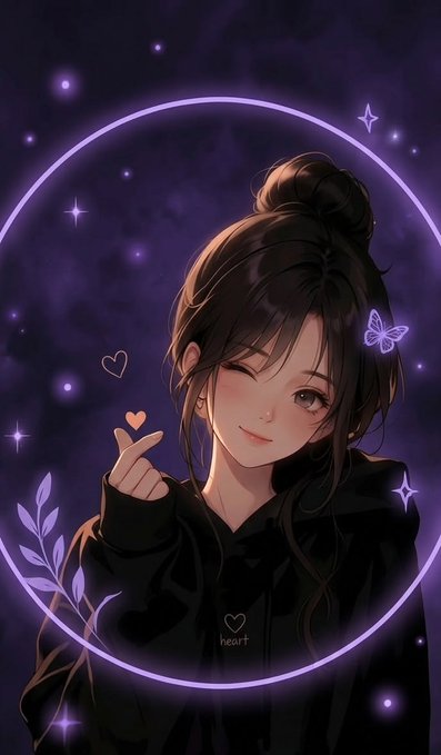An illustration of a winking anime-style girl making a small heart gesture with her finger, framed by a purple circle and surrounded by butterflies and stars.