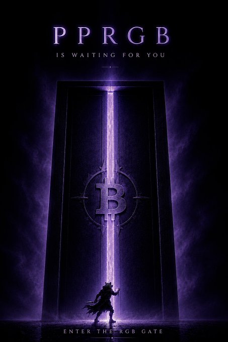 A dark purple promotional poster reading 'PPRGB IS WAITING FOR YOU' with a Bitcoin logo and the tagline 'ENTER THE RGB GATE' at the bottom.