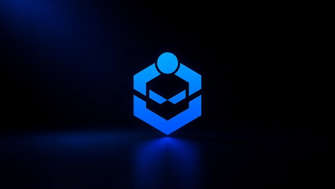 A blue hexagonal logo with a stylized person figure inside, set against a dark blue glowing background.