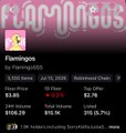 A stock performance summary for 'Flamingos' by Floydchickens05 dated Jul 19, 2024, displaying figures such as $3.89 Floor Price and $15.1K Volume, with a pink flamingo icon in the top left.