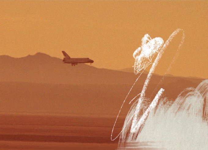 An artistic orange-toned image shows the silhouette of a space shuttle in flight against a mountain range, overlaid with a white chalk-like sketch of a cowboy on a bucking horse.