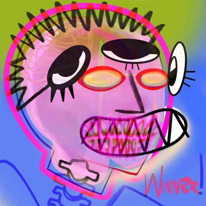 A colorful, stylized digital drawing of a pink skull-like face with exaggerated eyes, sharp teeth, and the word 'WINNER!' written in red at the bottom right.