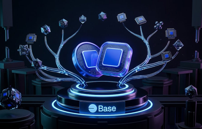 The image features an abstract scene of blue and black elements, including a large circular base surrounded by numerous small cubes or blocks arranged in various patterns. A sign reading "Base" is prominently displayed at the center of this arrangement. The background appears to be dark, with a few scattered lights adding depth and contrast to the overall composition.