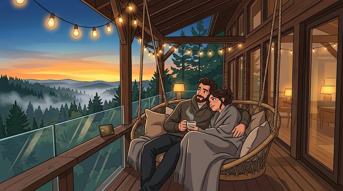 The image features a couple sitting together on a porch swing, enjoying each other's company. They are holding hands while having drinks, which suggests that they might be spending quality time together or celebrating an occasion. The scene takes place at night, with lights hanging from the roof of the porch and creating a cozy atmosphere for the couple to relax in. This image is related to the post because it highlights the importance of investing in experiences like this one, where people can create lasting memories and strengthen their relationships by spending time together in beautiful settings.