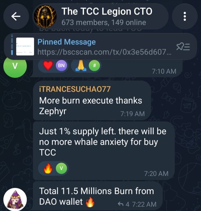 A Telegram chat from 'The TCC Legion CTO' (673 members) with a pinned BscScan link and messages discussing a 'burn execute' and 'Total 11.5 Millions Burn from DAO wallet.'