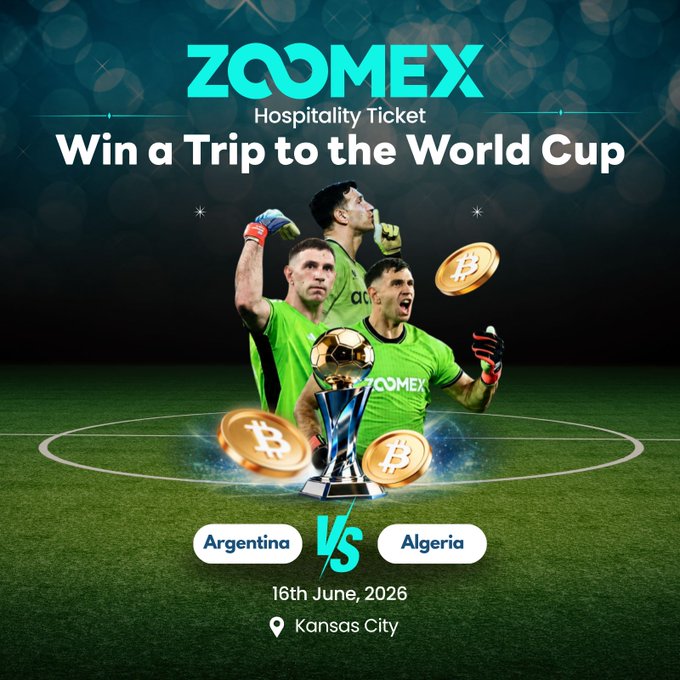 The image features an advertisement for a soccer tournament featuring three soccer players from different teams - Argentina and Algeria. The poster showcases the soccer players, their team colors, and the trophy they are holding. The text on the poster encourages viewers to "Win a Trip to the World Cup" and mentions that there is a "Zoomex hospitality ticket".