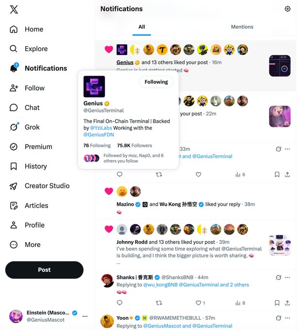 A Twitter/X notifications page showing a profile card for Genius (@GeniusTerminal) with 75.8K followers, alongside various notifications including likes from Mazino, Wu Kong 孙悟空, Johnny Rodd, Shanks, and Yoon, with "GeniusTerminal" appearing as a recurring tagged account across multiple interactions.