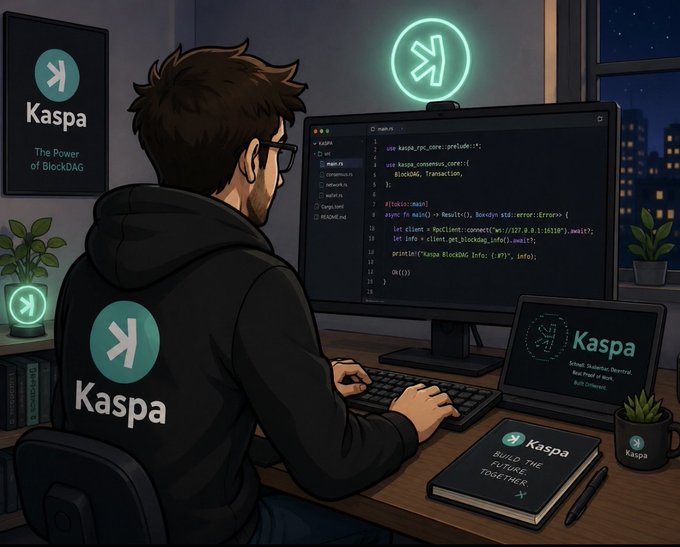 Illustrated scene of a developer in a 'Kaspa' branded hoodie coding at a desk with a monitor showing Rust code and Kaspa branding, captioned 'The Power of BlockDAG'.