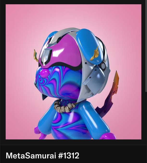 A stylized blue and purple humanoid figure with a swirled-patterned face wears a silver and magenta helmet while carrying a sword on its back, set against a pink background. The image is labeled "MetaSamurai #1312," identifying it as the featured MetaSamurai NFT referenced in the post about today's concierge pick.