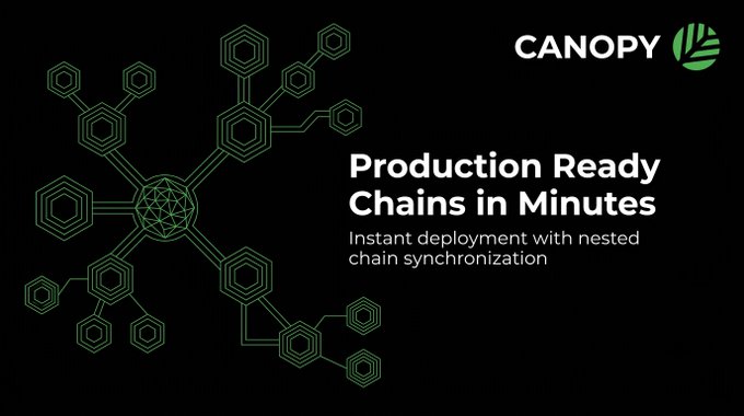A dark promotional graphic with a green hexagonal network diagram on the left and white text reading 'CANOPY', 'Production Ready Chains in Minutes', and 'Instant deployment with nested chain synchronization' on the right.