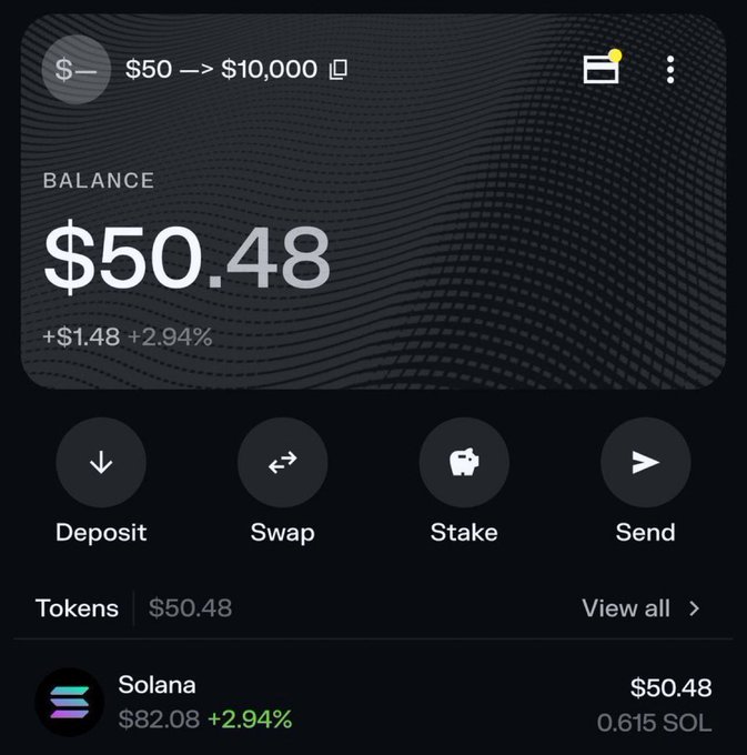 The image is a screenshot of a finance app, presumably used for cryptocurrency trading. The main focus of the image is the balance shown, which is $50.48. There are three buttons visible on the screen, all of which display the text "Swap", "Deliver", and "Stake". These options allow users to perform various transactions within the app. One of the features in this app also lets users view their account balances, which include a total balance of $50.48.