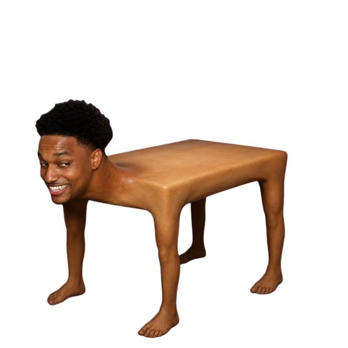 A surreal image shows a table with a man's head and human legs instead of a standard tabletop, paired with a post mocking Solana tokens by suggesting the bizarre meme-worthy project could surpass $100M in value.