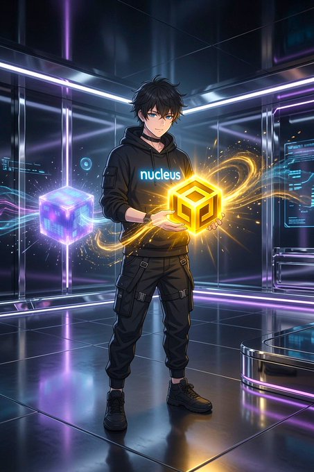 An anime-style character in a black "nucleus" hoodie holds a glowing yellow NFT cube beside a purple one in a futuristic neon-lit room, symbolizing the contrast between merely holding an NFT versus actively engaging. The imagery reinforces the post's message that true value in communities like Nucleus comes from consistent participation, not just ownership.