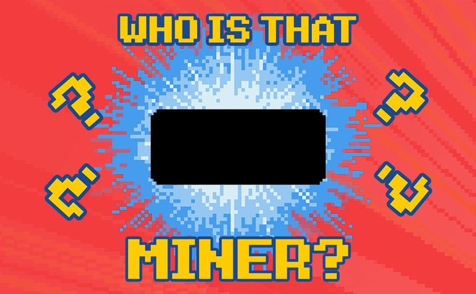 A pixelated "Who's That Miner?" game screen featuring a black silhouette on a blue explosion against a red background, with Japanese-style text and the caption "WHO IS THAT MINER?" inviting players to guess a remastered miner for a 10 RLT prize.