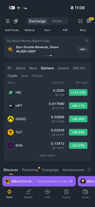 A mobile screenshot of a crypto exchange app displaying a 'Gainers' tab with top performing tokens including HEI (+114.23%), HFT (+60.11%), DODO (+46.30%), TUT (+38.63%), and SYN (+32.07%).