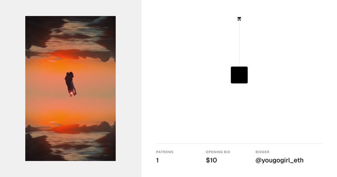 An NFT auction listing showing a sunset artwork with a silhouetted figure on the left, and a minimalist black square icon on the right, with details: 1 patron, opening bid $10, bidder @yougogirl_eth.
