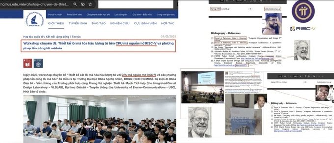 This image shows a collage of three screenshots: a Vietnamese news article about a 2019 workshop on post-quantum cryptography and RISC-V hosted by HCMUS and KN Toan with the title "Workshop chuyên đề: Thiết kế tối mã hóa hậu lượng tử trên CPU mã nguồn mở RISC-V sử dụng phương pháp tán công tố mã hóa," alongside a webpage referencing Nicolas Sklavos with a biography and a video conference screenshot featuring Manolis Katevenis discussing "Computer Architecture," illustrating the academic lineage connecting RISC pioneers to Vietnam's emerging PQC research on open-source processors.