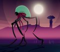 A digital illustration depicts a red, alien-like creature with a translucent green dome head standing against a purple sunset backdrop with a dark moon.