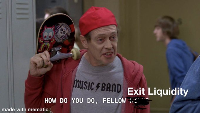 An older man in a red beanie and "music band" sweatshirt holds a skateboard with stickers over his shoulder in a school hallway, captioned "Exit Liquidity" and "HOW DO YOU DO, FELLOW [censor]." The image is paired with text detailing that 900+ pages of Trump's financial disclosure show he extracted $1.1 billion from crypto ventures—with $635M from a TRUMP memecoin, $236M from WLFI token sales, $197M from USD1 stablecoin interest sales, and $65.6M from another sale—portraying Trump investors as the "exit liquidity" left holding the bag.