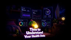 A dark-themed promotional graphic displaying health monitoring dashboards on multiple screens with the text 'Time to Understand Your Health Data' in yellow and white.