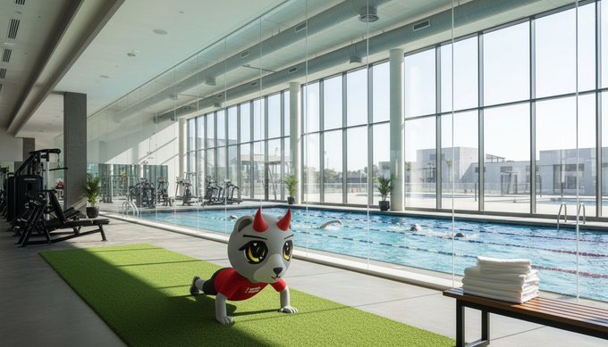 A modern indoor swimming pool with floor-to-ceiling windows, with a small cartoon devil mascot character on a green turf mat in the foreground.
