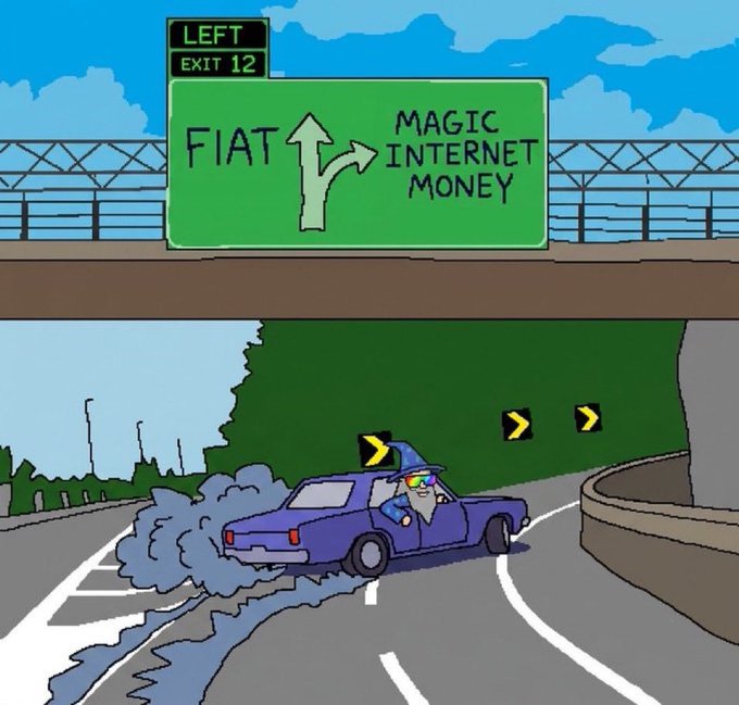 The image features a cartoon car driving down a road with a green freeway sign that says "FAT 12" above it, indicating an exit for Fiat Internet Money. The car has smoke coming out from under its wheels, suggesting that it might be experiencing some mechanical issues or speeding. The scene is set in a cartoon style and includes elements such as trees, buildings, and other cars on the road.