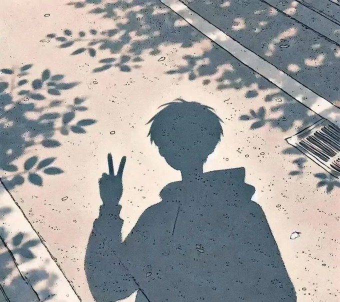 A shadow of a person wearing a hoodie making a peace sign is cast on a concrete ground, surrounded by shadows of leaves and a metal grate.