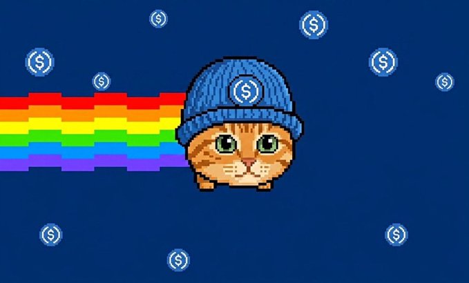 A pixel-art orange cat wearing a blue beanie and shooting a rainbow trail soars across a dark blue background dotted with stylized dollar sign icons, symbolizing crypto wealth and a Nyan Cat-style internet meme aesthetic tied to the giveaway post.
