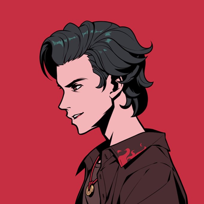 A digital illustration in profile of a dark-haired young man wearing a dark shirt with a red flame pattern on the collar, set against a solid red background.