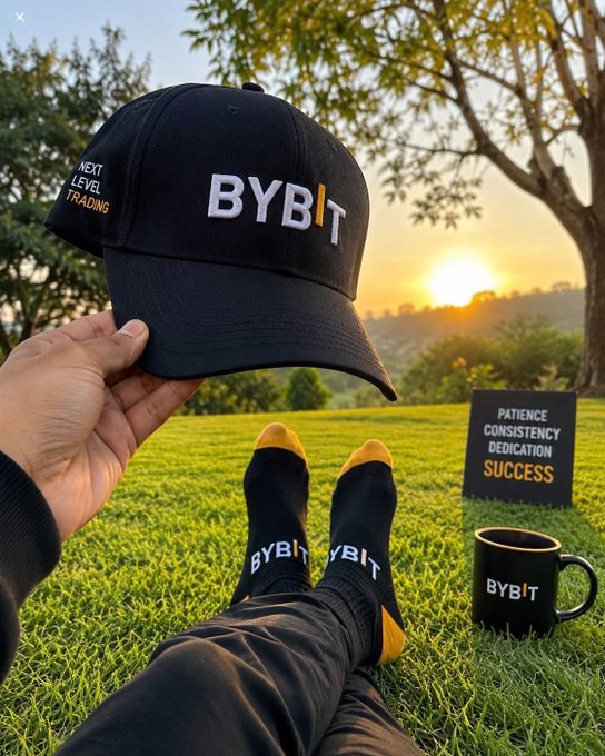 The image features a person sitting on grass with their feet propped up against a sign that says "Bybit" and has a cup of coffee next to them. The person's legs are crossed, and they have black socks on. There is also a hat in the scene, which appears to be a baseball cap or a similar type of headwear. The background includes trees and grass, creating an outdoor setting for this image.