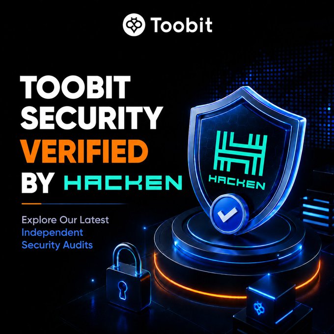 A promotional graphic for Toobit cryptocurrency exchange featuring a glowing blue Hacken security shield with a checkmark, accompanied by the text 'TOOBIT SECURITY VERIFIED BY HACKEN - Explore Our Latest Independent Security Audits' alongside padlock and cube icons.