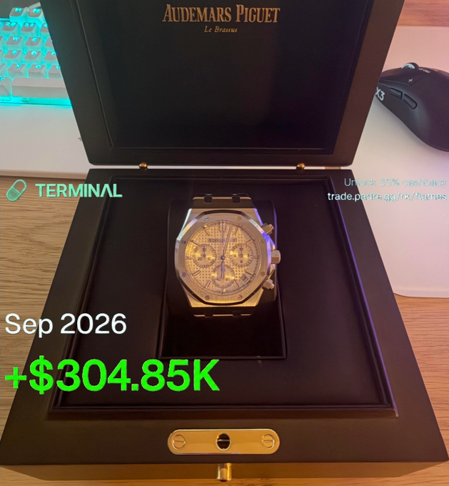 The image shows an Audemars Piguet Royal Oak watch displayed in its presentation box, with the post celebrating a September 2026 gain of $304.85K that allowed the user to purchase their dream watch for their 18th birthday. The overlaid text "Sep 2026" and "+$304.85K" highlights the achievement of earning enough to buy the luxury timepiece.