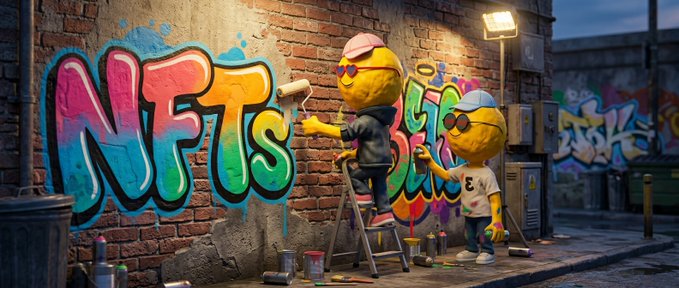 Two yellow emoji-like cartoon characters wearing caps and sunglasses paint colorful graffiti of the word "NFTs" on a brick wall in an urban alleyway. The vibrant street art scene visually represents the digital, creative, and trendy nature of non-fungible tokens.