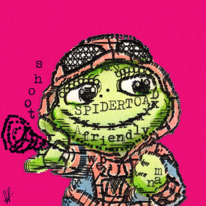A colorful, mixed-media style illustration of a green, baby-like character wearing a hooded jacket on a bright pink background, with scattered words including 'shoot', 'SPIDERTOAD', and 'friendly'.