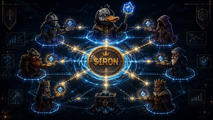 A fantasy-style illustration showing fantasy characters (knights, wizard, dwarf, king) connected by glowing lines around a central '$IRON' coin, symbolizing a crypto network.