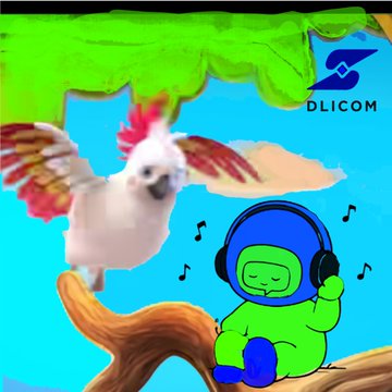 A colorful digital illustration shows the "DLICOM" logo character (a green smiling figure wearing headphones and a blue cap) peacefully sleeping on a tree branch while listening to music, as a white and pink cockatoo with outstretched wings approaches to wake him up. Musical notes float in the bright blue sky above, bringing the post's whimsical scene of "Nature sings, music flows, and imagination comes alive" to life.
