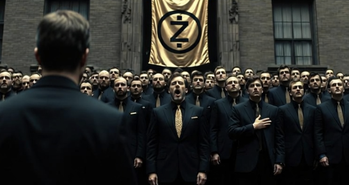 A large crowd of men in dark suits stand in formation before a banner displaying the Zcash "Z" symbol, with one figure addressing them in a scene styled after a dystopian rally. The post's reference to "500 educational posts about zcash" is humorously echoed by the image's cult-like gathering of followers dedicated to the cryptocurrency.