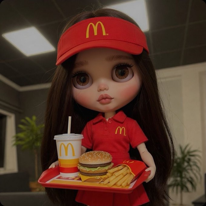 The image features a doll dressed as a McDonald's employee, holding a tray of food including a hamburger and french fries. The doll appears to be wearing a red hat and shirt, which are typical elements of a McDonald's uniform. The background shows a dining table with a chair, suggesting that the setting is likely indoors or in a restaurant.