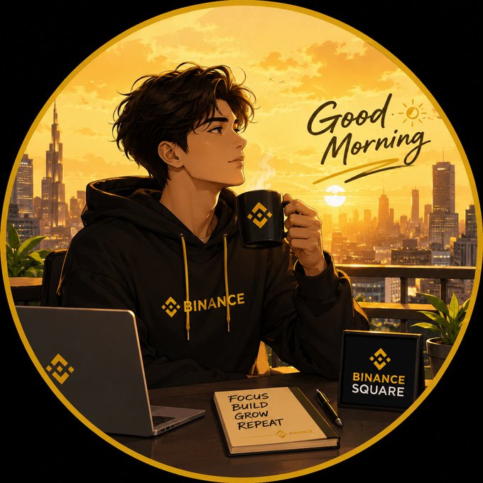 An anime-style illustration shows a young man in a black "BINANCE" hoodie drinking from a mug at a desk with a "BINANCE SQUARE" sign, a notebook reading "FOCUS BUILD GROW REPEAT," and a laptop, set against a sunset cityscape with "Good Morning" text.