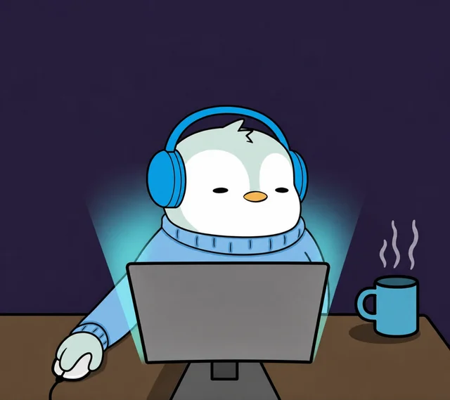 A cartoon illustration of a penguin character wearing blue headphones and a blue sweater, sitting at a desk working on a laptop with a steaming cup of coffee beside it against a dark purple background.
